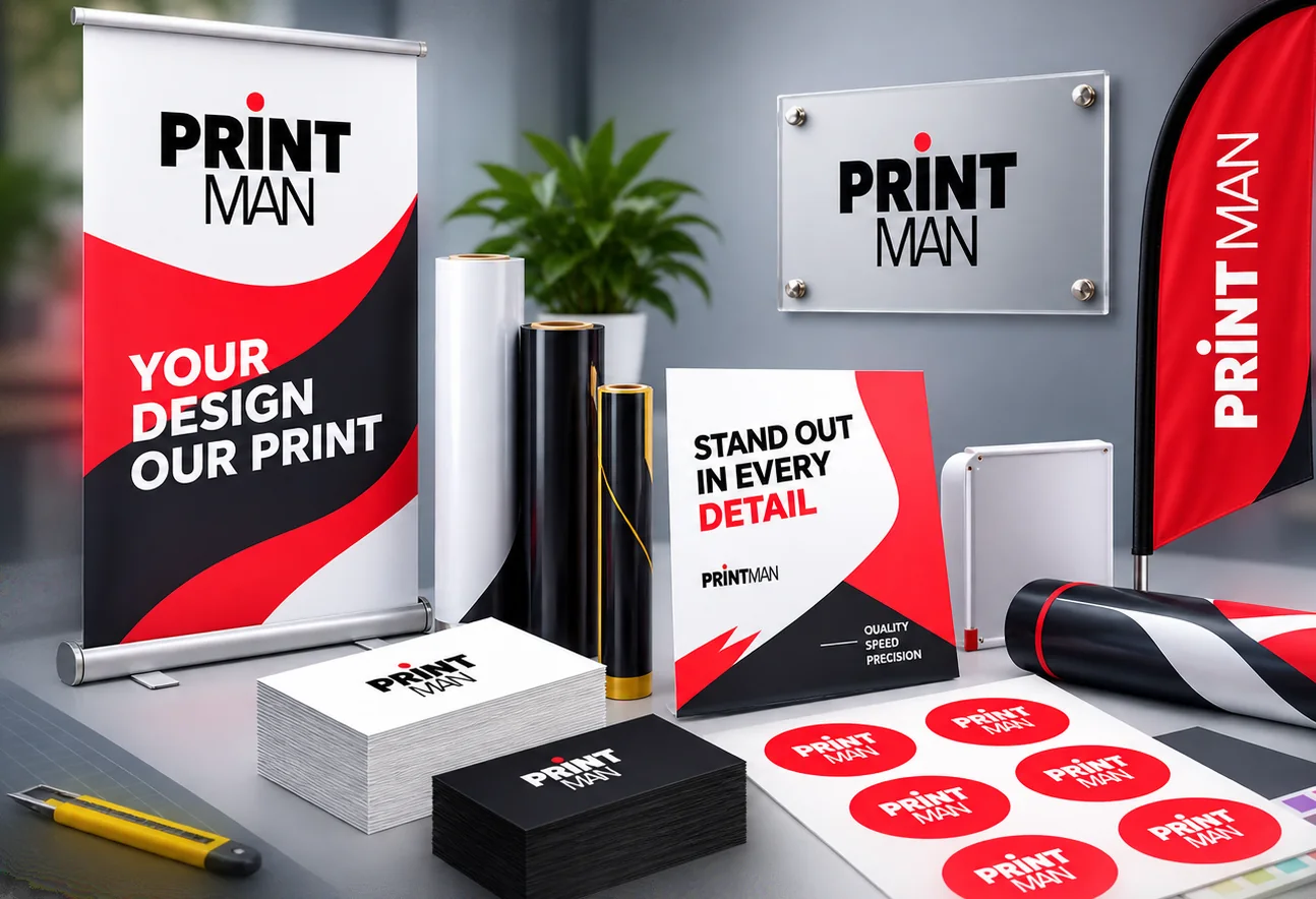 Printman work: a roll-up banner, a wall sign, a feather flag, business cards, sticker sheets and vinyl rolls