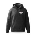 Black hoodie mockup with Printman logo printed in white and red on the left chest, demonstrating custom logo apparel printing.