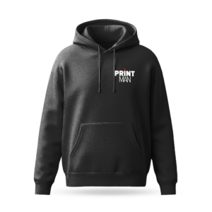 Black hoodie mockup with Printman logo printed in white and red on the left chest, demonstrating custom logo apparel printing.