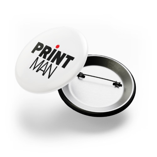 White button pin mockup featuring the Printman logo on the front, shown open to display the metal pin backing, ideal for promotional badge printing.