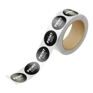 Roll of round black Printman logo stickers on white backing.