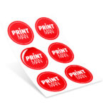 Sheet of six round red stickers featuring the Printman logo