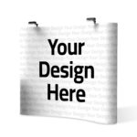 Mockup of a vertical banner or beach flag with a repeating 'Your Design Here' pattern and large bold black 'Your Design Here' text, demonstrating customizable printed banner signage.