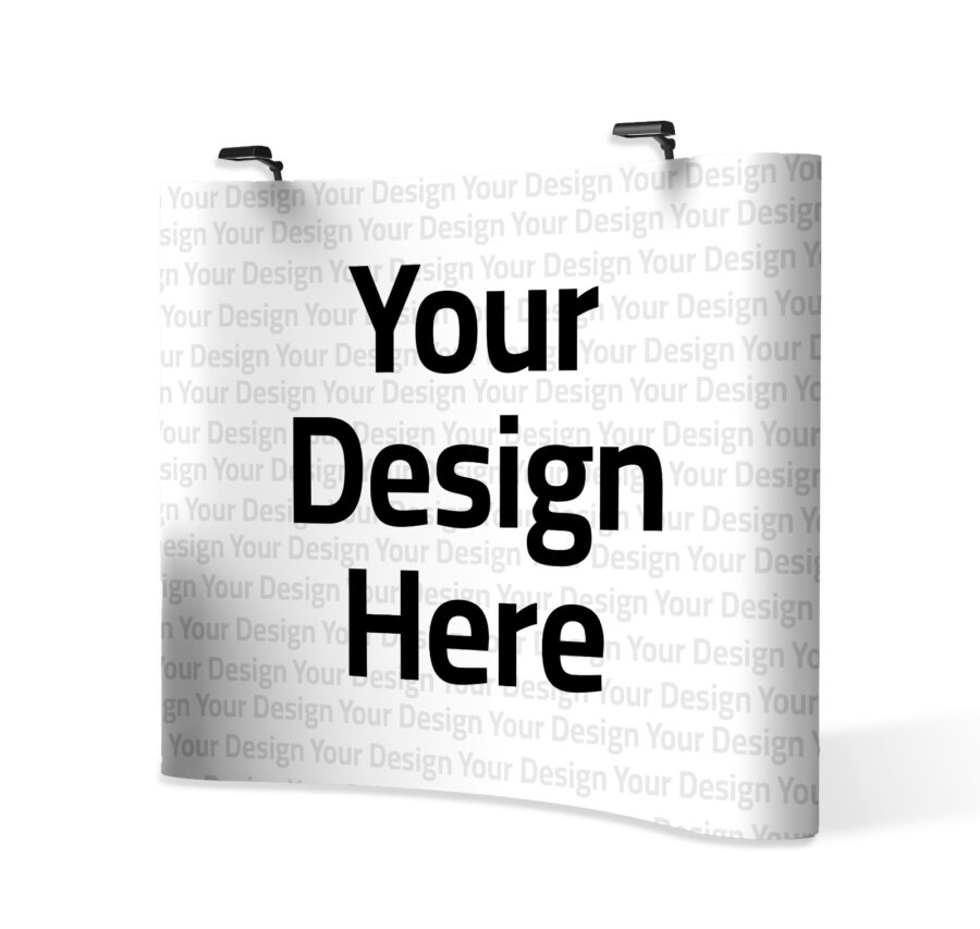 Mockup of a vertical banner or beach flag with a repeating 'Your Design Here' pattern and large bold black 'Your Design Here' text, demonstrating customizable printed banner signage.