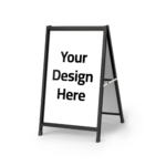 A-frame sidewalk sign mockup with a blank white sign displaying 'Your Design Here' text, ideal for custom signage printing and menu boards.