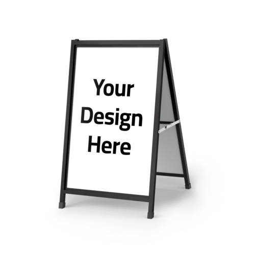 A-frame sidewalk sign mockup with a blank white sign displaying 'Your Design Here' text, ideal for custom signage printing and menu boards.