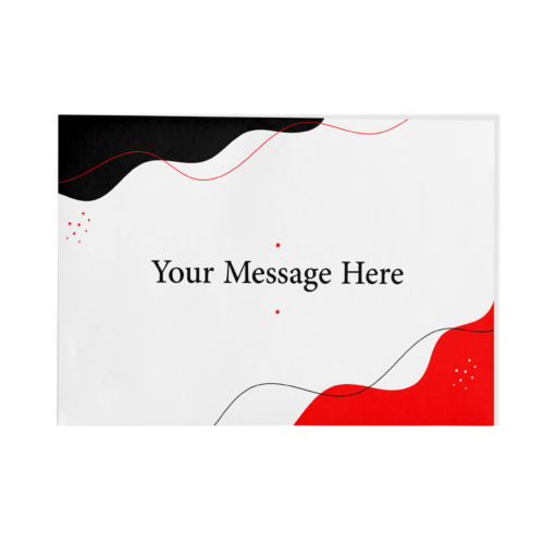 Thank-you card mockup featuring an abstract red and black wave design with placeholder text 'Your Message Here', suitable for custom card and envelope printing.