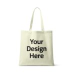 Beige tote bag mockup featuring "Your Design Here" printed on the front, ideal for custom tote bag printing and promotional shopping bags.