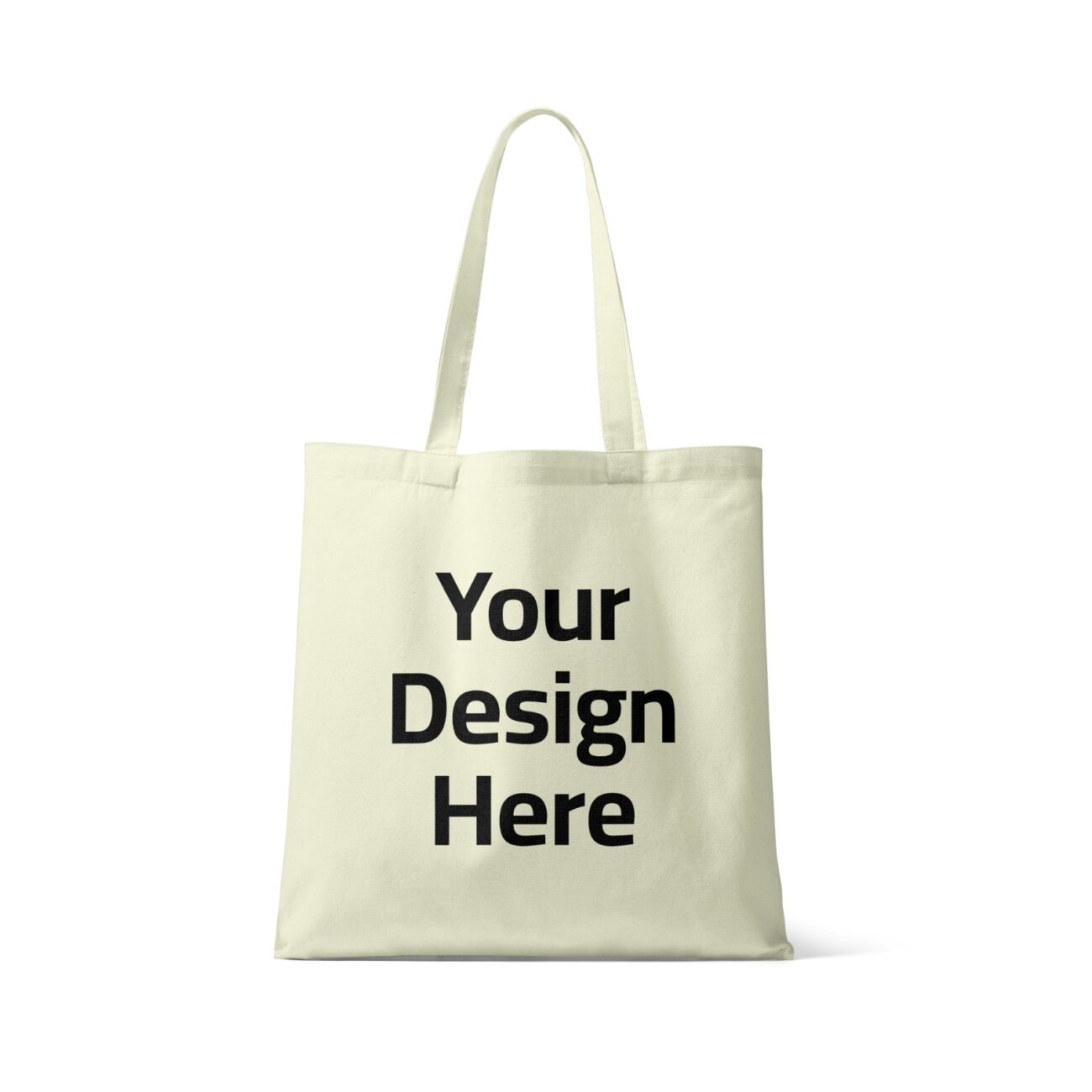 Beige tote bag mockup featuring "Your Design Here" printed on the front, ideal for custom tote bag printing and promotional shopping bags.