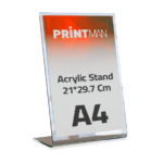 Acrylic display stand with Printman logo and size 21×29.7 cm, showcasing customizable sign holders for stores or events, ideal for custom printing in Jordan.