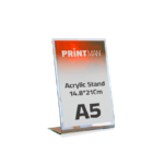 Acrylic stand measuring 14.8×21 cm (A5 size) with Printman logo, ideal for display signage or menus and customizable for printing.