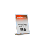 Acrylic stand measuring 12.8×17 cm (B6 size) with Printman logo, ideal for price tags, menus or signage and custom printing.