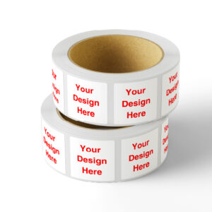 Stack of two rolls of white square stickers featuring red 'Your Design Here' text repeated, demonstrating customizable label roll printing for branding.