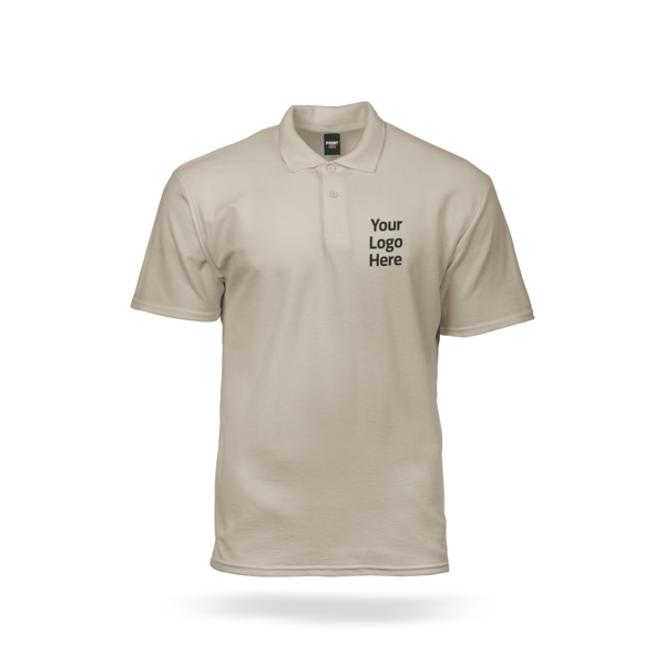 Beige polo shirt mockup with 'Your Logo Here' printed on the chest, perfect for custom logo printing or corporate uniforms.