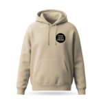 Beige hoodie mockup with a round 'Your Logo Here' emblem on the chest, ideal for custom design printing.