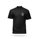 Black polo shirt mockup with 'Your Logo Here' text on the chest, perfect for custom logo printing, uniforms or promotional wear.