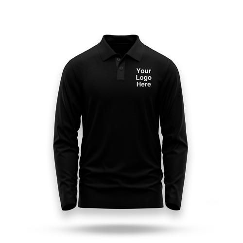 Black polo shirt mockup featuring "Your Logo Here" text on the chest, ideal for custom printed corporate wear and branding.