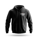 Black zip-up hoodie mockup featuring the Printman logo on the chest, ideal for custom branded outerwear printing.