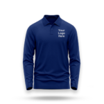 Blue polo shirt mockup with "Your Logo Here" text on the chest, perfect for custom printed corporate uniforms.