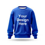 Blue sweater mockup featuring a large "Your Design Here" placeholder on the front, ideal for custom printed designs or corporate branding.