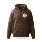 Brown hoodie mockup with small 'Your Logo Here' emblem on the chest, ideal for custom design printing.