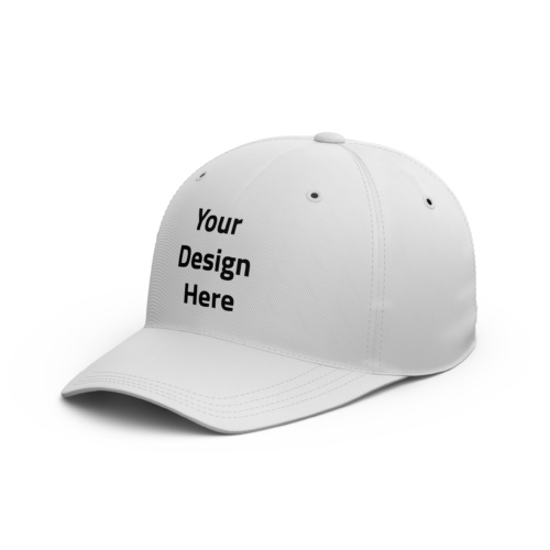 White baseball cap mockup with 'Your Design Here' printed in black on the front panel, demonstrating customizable embroidered or printed cap for promotions.