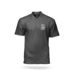 Charcoal gray polo shirt mockup with 'Your Logo Here' on the chest, ideal for custom logo printing or staff uniforms.