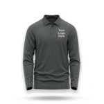 Dark gray polo shirt mockup featuring "Your Logo Here" on the chest, perfect for custom printed corporate wear or uniforms.