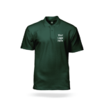 Dark green polo shirt mockup with 'Your Logo Here' on the chest, ideal for custom logo printing or corporate uniforms.