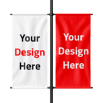 Dual flag mockup featuring two vertical banners on poles, one white with red 'Your Design Here' text and one red with white text, representing customizable advertising flag printing for business promotions.