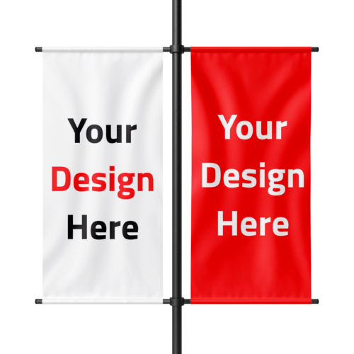 Dual flag mockup featuring two vertical banners on poles, one white with red 'Your Design Here' text and one red with white text, representing customizable advertising flag printing for business promotions.