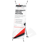 X-stand banner mockup featuring Printman high-quality printing solutions design in red, black, and white, ideal for custom promotional banner stands.