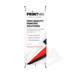 X-stand banner mockup displaying Printman's high-quality printing solutions design with red, black, and white graphics; ideal for custom promotional banners in Jordan.