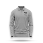 Gray polo shirt mockup with "Your Logo Here" text on the chest, perfect for custom printed uniforms or corporate wear.