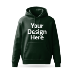 Dark green hoodie mockup with 'Your Design Here' placeholder printed on the front, ideal for custom design printing.