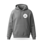 Gray hoodie mockup with a small 'Your Logo Here' emblem on the chest, ideal for custom design printing.