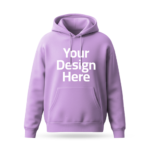 Lavender hoodie mockup with 'Your Design Here' placeholder printed on the front, ideal for custom design printing.