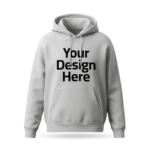 Light gray hoodie mockup with 'Your Design Here' placeholder printed on the front, ideal for custom design printing.