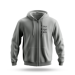 Light gray zip-up hoodie mockup with "Your Logo Here" placeholder on the left chest, suitable for custom logo printing or promotional apparel.