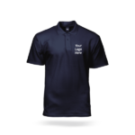 Navy blue polo shirt mockup with 'Your Logo Here' text on the chest, perfect for custom logo printing or corporate uniforms.