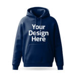 Navy blue hoodie mockup with 'Your Design Here' placeholder printed on the front, ideal for custom design printing.