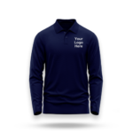 Navy blue polo shirt mockup with "Your Logo Here" text on the chest, suitable for custom printed corporate apparel.