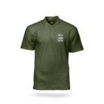Olive green polo shirt mockup with 'Your Logo Here' text on the chest, great for custom logo printing or uniforms.