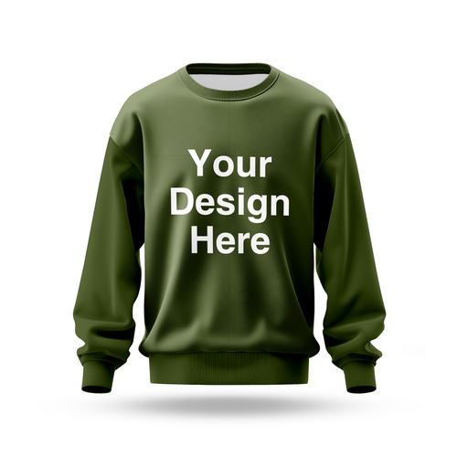 Olive green sweater mockup with "Your Design Here" placeholder on the front, perfect for showcasing custom printed designs or logos.