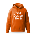Orange hoodie mockup with 'Your Design Here' placeholder printed on the front, ideal for custom design printing.