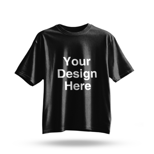 Black oversized T-shirt mockup with 'Your Design Here' text printed on the front, ideal for custom apparel printing.
