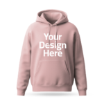 Pink hoodie mockup with 'Your Design Here' placeholder printed on the front, ideal for custom design printing.