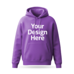 Purple hoodie mockup with 'Your Design Here' placeholder printed on the front for custom design printing.