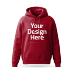 Red hoodie mockup with 'Your Design Here' placeholder printed on the front, ideal for custom design printing.