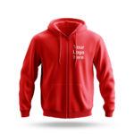 Red zip-up hoodie mockup with "Your Logo Here" placeholder on the left chest, ideal for custom logo printing or promotional outerwear.